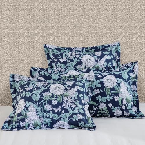 "Standard Size 100% Cotton Shams, Pillowcases 2 Pieces Set 20""x26"", Dark Garden Pattern, Bloom Floral Blue"