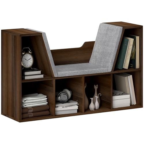HOMCOM Bookcase Storage Shelf with Cushioned Reading Seat, Cube Bookshelf Organizer for Bedroom Living Room, Chestnut