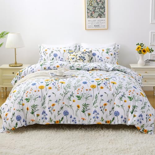 Mooreeke Duvet Cover King Size, 3 Piece Dandelion Floral Duvet Cover Set with Zipper Closure, Soft & Breathable Microfiber Botanical Patterned Bedding Set with 4 Corner Ties and 2 Pillow Shams