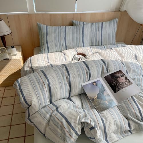 EAVD Modern Style Striped Duvet Cover King 100% Washed Cotton Colorful Wide and Pinstriped Bedding Duvet Cover Set with 2 Pillowcases Farmhouse Geometric Bedding Set with Zipper for All-Season