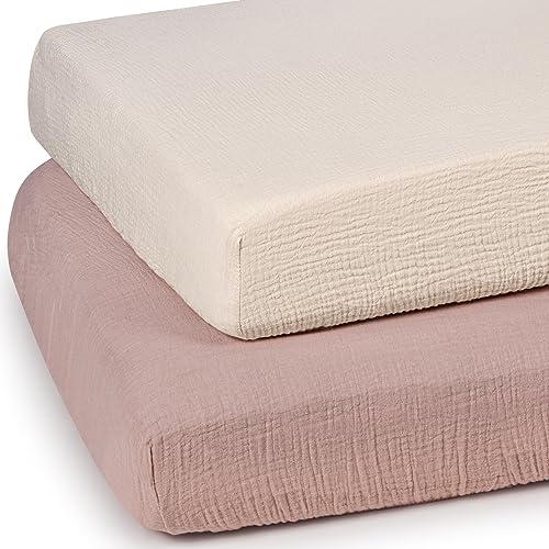 "lulumoon Mini Crib Sheets Muslin: Pack and Play Sheets for Boys and Girls - Cotton Fitted Crib Sheet for Pack N Play Mattress and Playard 2Pack 24""x38"""