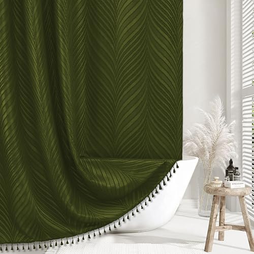 Siiluminisoy Olive Green Shower Curtain Woven Fabric Boho Shower Curtain with Tassel, 72 x 72 Modern Farmhouse Minimalist Cloth Shower Curtains for Bathroom, Machine Washable