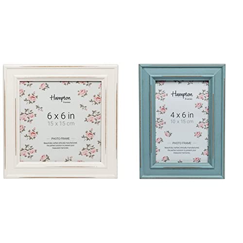 Hampton Frames PALOMA Distressed Square Picture Photo Frame White 6x6 (15x15cm) PAL301966W & PALOMA 4x6 (10x15cm) Light Blue Picture Photo Frame Glass PAL301946B