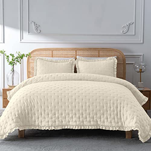 HIARUO 2-Piece Twin Quilt Set - Soft Warm Ultrasonic Reversible Pleated Ruffled Coverlet Bedspread Set (68 x 90 Inch) with 1 Pillow Sham (20 x 26 Inch), Beige