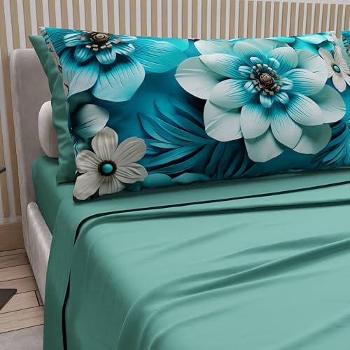 PETTI Artigiani Italiani - Cotton Sheets with Pillowcases in Digital Print, Single Bed Sheet, Single Bed Set, Floral 21 Teal, 100% Made in Italy