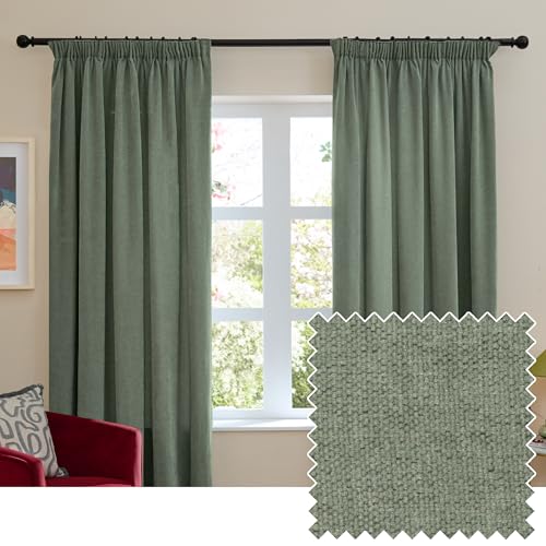furn. Soft Chenille Blackout Pencil Pleat Curtain Pair – Soft Touch Matt Textured Lined Minimalist Curtains (Green - 229x137cm)