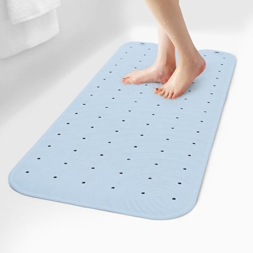 SelfSuite Extra Long Rubber Bathtub Mat, Non-Slip Shower Tub Mat, 39x16 Inch, Bath Tub Floor Mat with Suction Cups and Drainage Holes, Light Blue