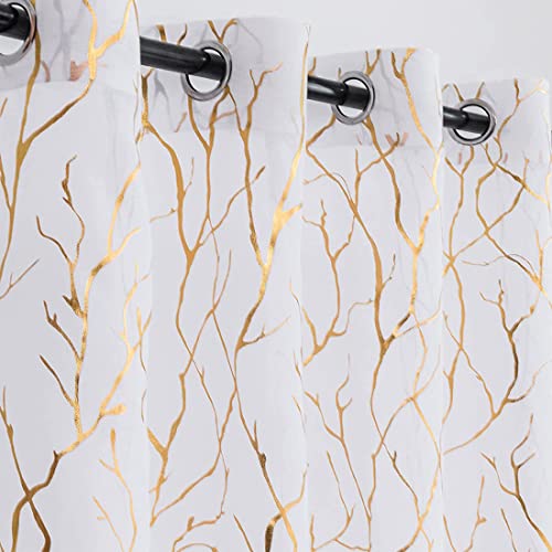 Kotile Gold White Sheer Curtains - Metallic Gold Foil Printed Tree Branch Curtains Grommet Top Window Light Filter Curtains 84 Inch Length, 52 x 84 Inches, 2 Panels, White Gold