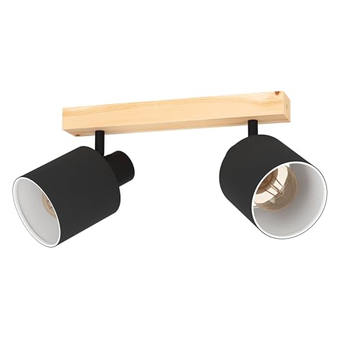 EGLO Ceiling Light Batallas, 2 Light Scandi Look Lighting Made of Wood and Fabric, Natural Living Room and Bedroom Lamp with Black and White Spotlights, E27 Socket
