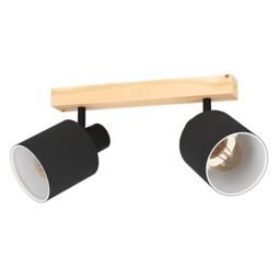 EGLO Ceiling Light Batallas, 2 Light Scandi Look Lighting Made of Wood and Fabric, Natural Living Room and Bedroom Lamp with Black and White Spotlights, E27 Socket