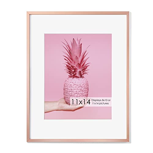 11x14 Metal Picture Frame- 11x14 Aluminum Photo Frames with 8x10 Mat, Tempered Glass Front, and Hanging Hardware - Ideal for Wall or Tabletop Display - Premium Metal Picture Frame Collection(Rose