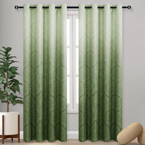 DWCN Avocado Green Ombre Room Darkening Blackout Curtains for Bedroom - Damask Patterned Thermal Insulated Grommet Drapes for Living Room, Set of 2 Gradient Window Curtain Panels, 52 x 84 Inches Long