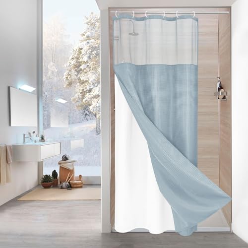 MitoVilla Blue Small Stall Shower Curtain 36 x 72, Narrow Half Size Weave Fabric Shower Curtain Set with Water-Repellent Snap-in Liner for Modern Neutral Hotel Bathroom Decor, Fog Blue