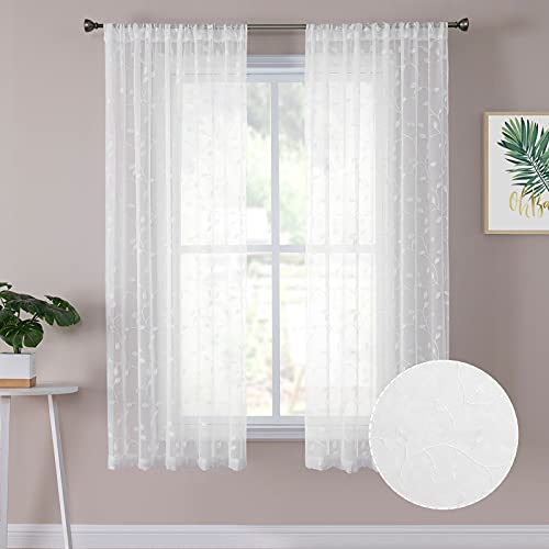 Tollpiz Leaves Short Sheer Curtain White Leaf Embroidery Bedroom Curtains Rod Pocket Voile Faux Linen Embroidered Leaves Curtain for Living Room, 54 x 54 inches Long, Set of 2 Panels