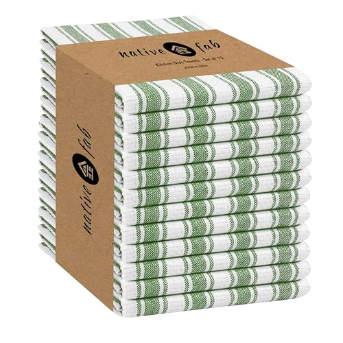 Native Fab Green Kitchen Towel - 12 Pack - 16x26 inches - Basket Weave Stripe Towels with Hanging Loop, Absorbent Cotton Towels for Cleaning, Drying Dishes, Washable Dish Cloths Set - Mint Green