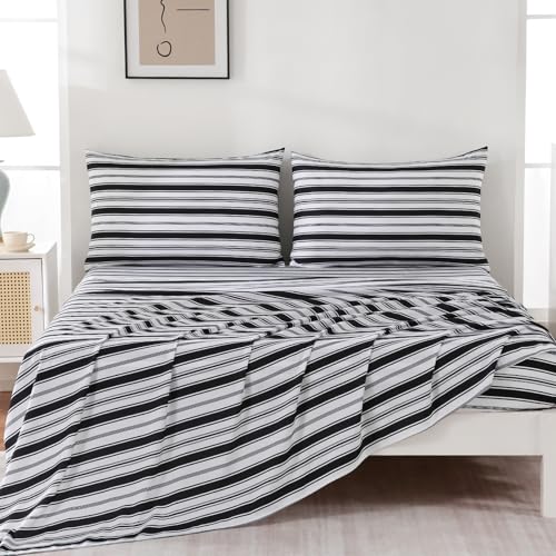 "MCO 4Pieces Striped Sheets Set, Breathable King Sheet Set with 16"" Deep Pocket,Modern & Luxury, Brushed Microfiber Bedding Set(King, Black)"