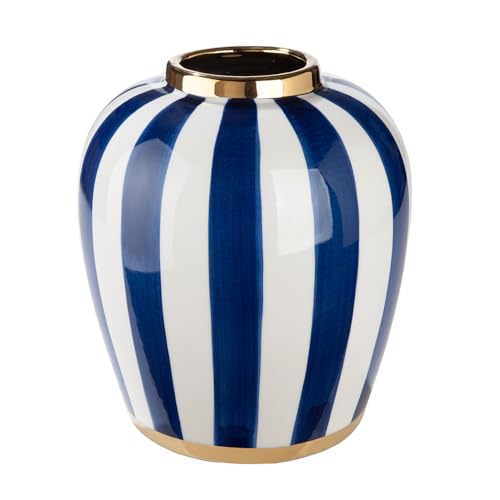 GILDE Elio Vase - Ceramic - Bulbous - Glazed - Striped - Blue White - Height 30 cm x Diameter 26 cm - Felt Gliders and Waterproof Vase