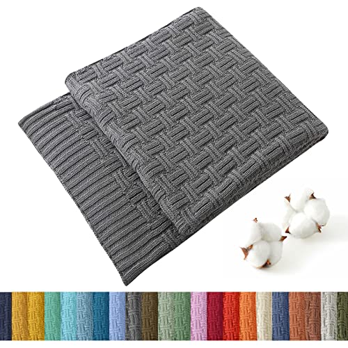 TREELY 100% Cotton Knitted Throw Blanket 60 x 80 Inches, Dark Grey - Couch Cover Blanket, Decorative for Couch, Bed & Sofa