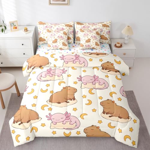Erosebridal Pink Axolotl Comforter Set with Sheets Queen Size for Kids Teen Girl - Cute Capybara 7 Pieces Bedding Set Cartoon Stars Moon Bed in A Bag with Flat Fitted Sheets Cute Animal Bed Sets