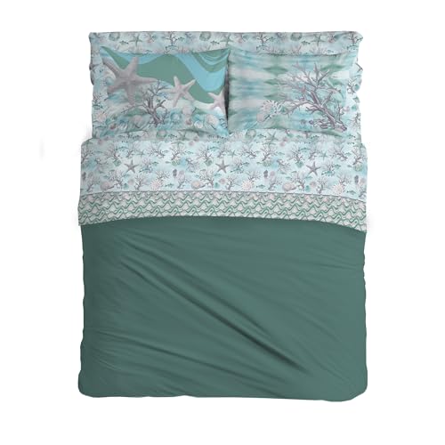 PENSIERI DELICATI Double Bed Set 100% Cotton, Double Bed Sheet Set, 180 x 200 cm, Including Bottom Sheet, Top Sheet and 2 Pillowcases, Made in Italy, Green Navy Pattern