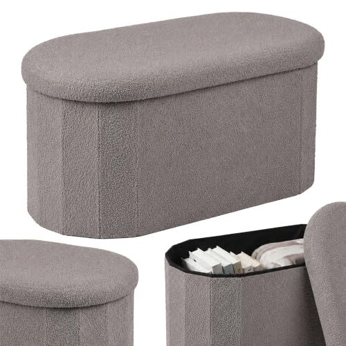 Relaxdays storage bench, teddy bouclé fabric, upholstered, dark grey