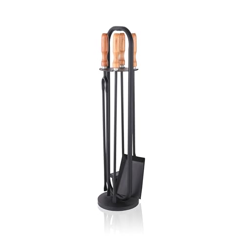 Relaxdays fire tool set, 5-piece, poker, shovel, ash brush, tongs, wooden handles, fireplace kit, black/natural