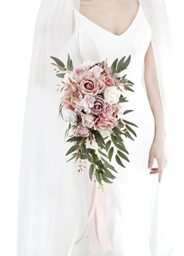 "Ansofi 9"" Dusty Rose Wedding Bouquets for Bride, Cascading Bridal Bouquet for Bride Artificial Silk Roses Flowers Tossing Bouquet for Wedding Ceremony Decor"