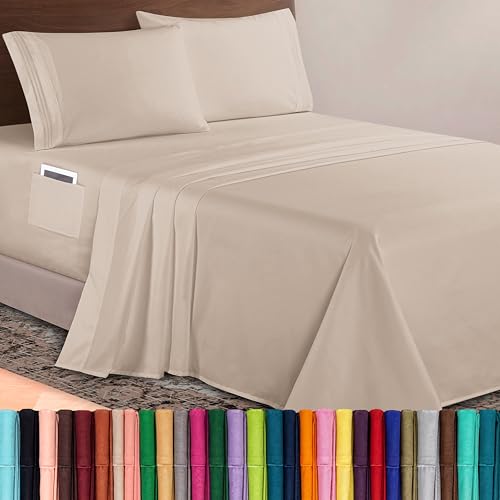 Elegant Comfort Luxurious 1500 Premium Hotel Quality Microfiber 4-Piece Sheet Set, 18-24 Inches Deep - Extra Deep Pocket Sheets - Ultra Soft 4PC Deep Pocket Sheets, King, Cream