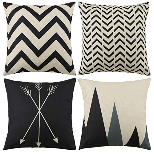 "Tosewever Set of 4 Decorative Geometric 18 x 18 Inches Throw Pillow Covers - Modern Pattern Linen Square Pillow Cushion Case for Sofa Couch Bed Home Outdoor Car (18"" x 18"", Beige/Black)"