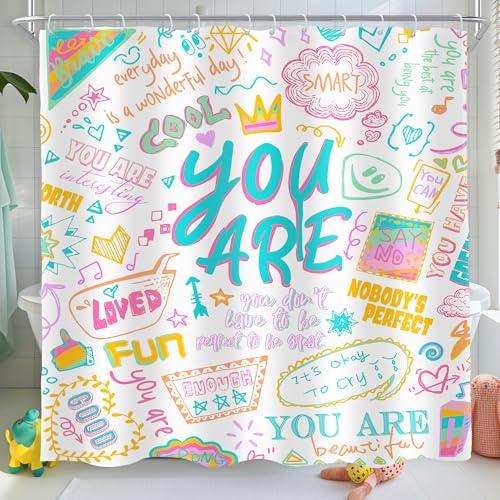 AMBZEK White Kids Quotes Shower Curtain 72Wx72L Inch Abstract Funny Teens Teal You are Inspirational Motivational Artwork Cloth Fabric Waterproof Polyester Bathroom Decor Set with 12 Pack Hook