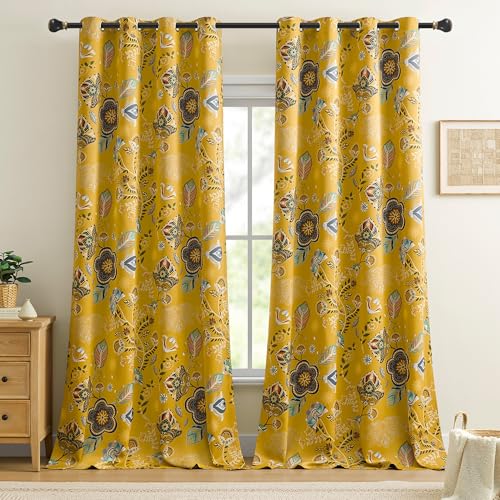 Blackout Curtains 96 Inch Long 2 Panels for Bedroom Vintage Yellow Floral Mid Century Modern Botanical Patterned Curtains Living Room Dining Room Darkening Privacy Drapes Grommet 52x96 Mustard Yellow