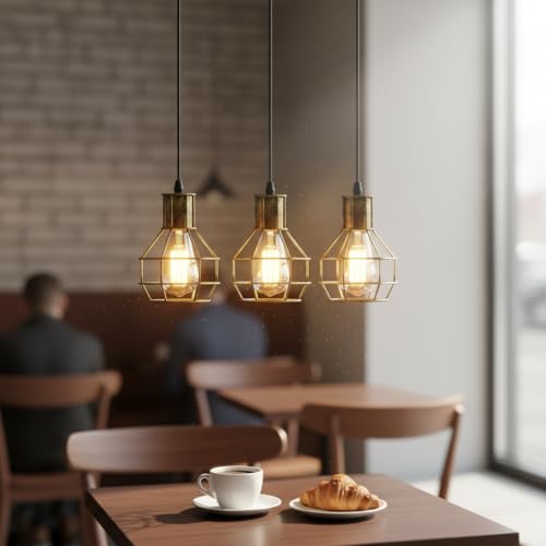 Brushed Brass Vintage 3-Lights Ceiling Lamp Adjustable Hanging Pendant Lights Industrial Ceiling Lighting Fixture E27 Base Black Geometric Ceiling Hanging Lamp for Kitchen Dinning Room Hallway