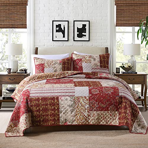 Yvooxny King Quilt Set Real Stitched Quilted Bedspread Lightweight Coverlet Set Bed Decor, Red Patchwork Floral Pattern, King Size