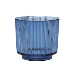 Ivyline Round Candle Holder in Navy Glass with Ribbed Design - Elegant Table Centrepiece - Modern Home Decoration - H14 x W15 cm