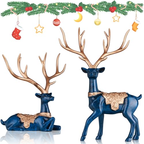 DOVDOV Set of 2 Christmas Deer Figurines, Blue Decorative Christmas Deer, Small Reindeer Christmas Decoration for Home Interior Office Room Coffee Table entryway Entrance Table Centerpiece.