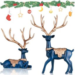 DOVDOV Set of 2 Christmas Deer Figurines, Blue Decorative Christmas Deer, Small Reindeer Christmas Decoration for Home Interior Office Room Coffee Table entryway Entrance Table Centerpiece.