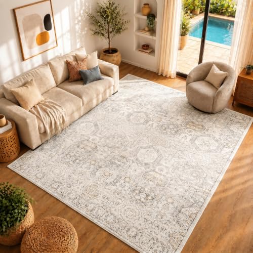 Livabliss Lotus Oran Vintage Style Floor Covering 130x170 cm ??? Scandi Neutral Boho Pattern for Living Room & Bedroom, Easy Care, Grey, Beige & Mustard