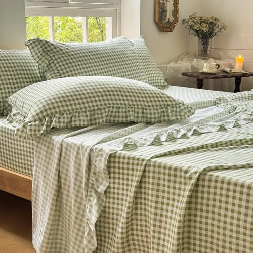 NSNLGSGC Sage Green Gingham Ruffle Twin Sheet Set, Green Soft Pre-Washed Microfiber Plaid Twin Bed Sheets, 3-Pieces Farmhouse Sheet Set with Deep Pocket