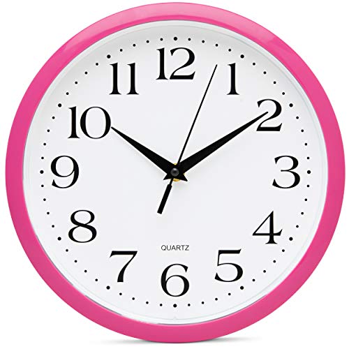 Bernhard Products Blue Wall Clock Silent Non Ticking Quality Quartz Battery Operated Round Easy to Read Home/Office/Classroom/School Clock (Pink)