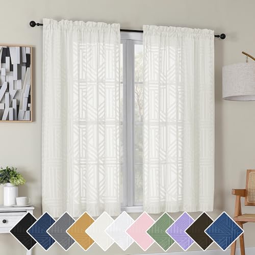 Simplebrand - Ivory Semi Sheer Curtains 54 Inch Length 2 Panels Short Curtains Clip On Geometric Textured Jacquard Curtains for Bedroom Modern Elegant Curtains