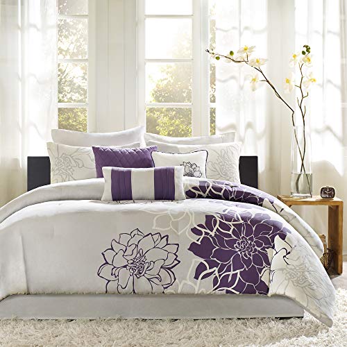 Madison Park Breathable, Soft Cover, Modern Print, All Season Down Alternative Cozy Bedding with Matching Shams, Cotton, Grey/Purple 7pcs, King Bag