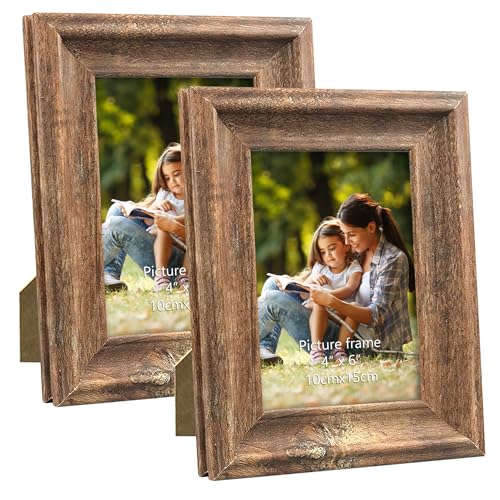 PETAFLOP Rustic Picture Frame 6x4 Inch Set of 2, Wall and Table Picture Frames, Brown