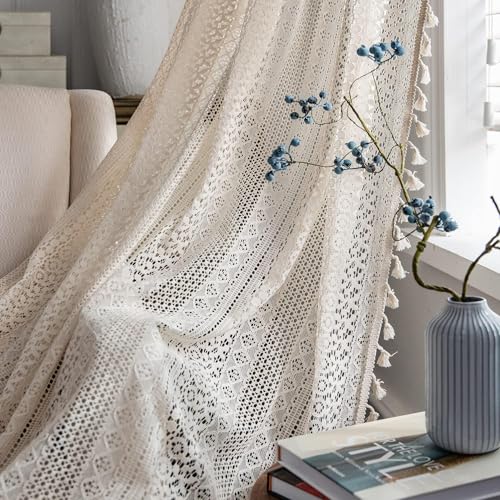 JOOJA 2 Panels Boho Windows Sheer Curtains Crochet Vintage Cotton Tassel Window Curtains Panels for Bedroom Living Room (Crochet Beige, 59x63)