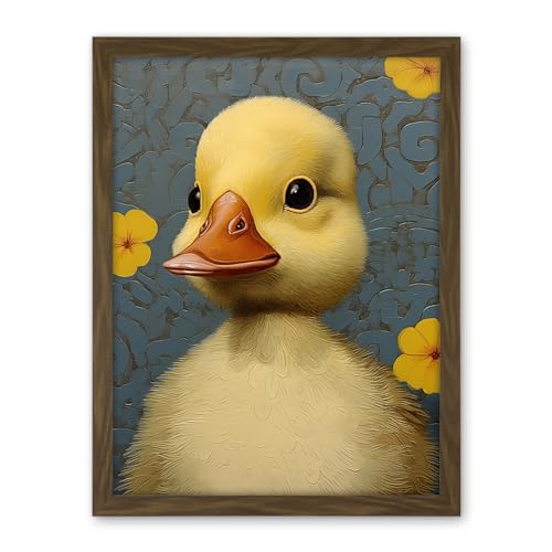 Artery8 Duckling with Flowers Oil Painting Kids Bedroom Baby Nursery Duck Artwork Framed Wall Art Print 18X24 Inch