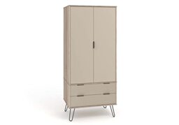 Home Source 2 Door Wardrobe Cupboard Driftwood Finish, Steel Legs and Hanging Rail, 2 Drawer, MDF