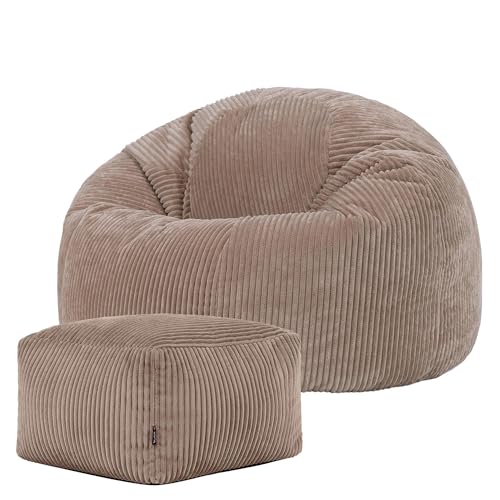 icon Kingston Cord Bean Bag with Footstool, Mocha Brown, Large Adult Bean Bag Chair with Filling Included, Comfy Chair, Pouffe Footstool, Living Room Furniture, Bedroom Furniture
