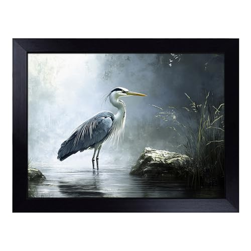 Lap Tray with Bean Bag Cushion, Heron Bird - Handmade in the UK, Raised Wooden Edge, Padded Cushion, Heat-Resistant Wipe-Clean Surface, for Meals, Laptops and Crafts