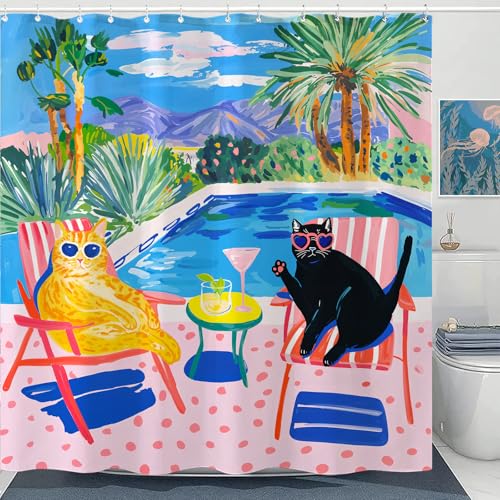 Kanuyee Poolside Cats Shower Curtain Set Relaxing Evening Scene Waterproof Bathroom Shower Curtain Tropical Drink Print Leisure Home Decor 72x72 Inch