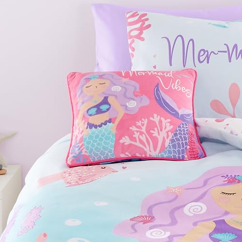 Bedlam Pink Mermaid Velvet Cushion (43 x 43cm) - Reversible (2 Designs) - Soft & Super Soft Pink Velvet with Mermaid & Fishes - Girls Cushion