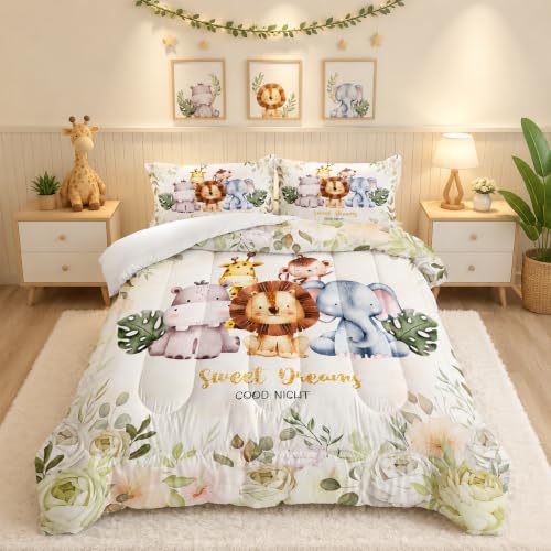 XYNHML Wild Animal Hippo Comforter 3Pcs Cute Elephant Lion Flower Bedding Twin Jungle Themed Bedding Set for Kid Teen Girl Boy Adult Bed Decor Giraffe Monkey Quilt with 1 Comforter and 2Pillowcases
